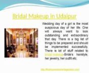 Bridal Makeup in UdaipurnIntroduction: Bridal Makeup in UdaipurnFirst Impression heritage salon is total beauty treatment center located in Udaipur. We provide excellent range of beauty care services with the help of our experts. We have academy where we provide beauty care training. We beautify people with our best efforts. We are well known for exhibiting outstanding Bridal Makeup in Udaipur.nn nBridal Makeup in Udaipurnhttp://firstimpressionheritagesalon.com/services.aspxnWe work with the pri