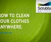 The Scrubba wash bag is the best way to wash clothes anywhere, whether you are backpacking, camping, on holiday or need to hand wash at home. This video takes you step by step through the process that allows a machine quality wash in just minutes. Simply add water, clothes and cleaning liquid, close the bag and deflate. Rub the clothes against the internal washboard for 30s to 3min, rinse and hang to dry.nAvailable online at thescrubba.com and thescrubba.com.au as well as leading global retailer