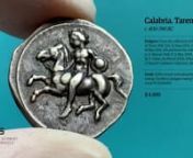 AR Didrachm or Nomos, 7.89g (20mm, 6h). Nude warrior, holding bridles in his right hand and carrying small round shield in his left, about to dismount from horse galloping to left / TAPAᛊ Youthful oikist, nude, riding dolphin to left, holding torch in his right hand and placing his left on the dolphin&#39;s tail; below dolphin, ᛊ.nPedigree: From the collection of Sheik Saud al Thani, Numismatica Ars Classica 124, 23 June 2021, 13, ex Classical Numismatic Group 87, 18 May 2011, 118 and from the c