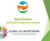 Congratulations to the 2020 Teens Dream Video Contest Awardees!n nTeens Dream Collaborative 2020 Annual Video Competition provided teens a forum to share their solutions to problems facing humanity. Teens shared their dreams of change in areas ranging from plastic pollution to responsible consumption. Over 150 teens globally submitted short videos related to the United Nations Sustainable Development Goals. The Global Co Lab Network and its collaborator this year, the Smithsonian Institution, se