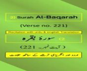 In this video, we present the beautiful recitation of Surah Al-Baqarah Ayah/Verse/Ayat 221 in Arabic, accompanied by English and Urdu translations with on-screen display. To facilitate a comprehensive understanding, we have included accurate and eloquent translations in English and Urdu.&#60;br/&#62;&#60;br/&#62;Surah Al-Baqarah, Ayah 221 (Arabic Recitation): “ وَلَا تَنكِحُواْ ٱلۡمُشۡرِكَٰتِ حَتَّىٰ يُؤۡمِنَّۚ وَلَأَمَةٞ مُّؤۡمِنَةٌ خَيۡرٞ مِّن مُّشۡرِكَةٖ وَلَوۡ أَعۡجَبَتۡكُمۡۗ وَلَا تُنكِحُواْ ٱلۡمُشۡرِكِينَ حَتَّىٰ يُؤۡمِنُواْۚ وَلَعَبۡدٞ مُّؤۡمِنٌ خَيۡرٞ مِّن مُّشۡرِكٖ وَلَوۡ أَعۡجَبَكُمۡۗ أُوْلَٰٓئِكَ يَدۡعُونَ إِلَى ٱلنَّارِۖ وَٱللَّهُ يَدۡعُوٓاْ إِلَى ٱلۡجَنَّةِ وَٱلۡمَغۡفِرَةِ بِإِذۡنِهِۦۖ وَيُبَيِّنُ ءَايَٰتِهِۦ لِلنَّاسِ لَعَلَّهُمۡ يَتَذَكَّرُونَ ”&#60;br/&#62;&#60;br/&#62;Surah Al-Baqarah, Verse 221 (English Translation): “ And do not marry polytheistic women until they believe. And a believing slave woman is better than a polytheist, even though she might please you. And do not marry polytheistic men [to your women] until they believe. And a believing slave is better than a polytheist, even though he might please you. Those invite [you] to the Fire, but Allāh invites to Paradise and to forgiveness, by His permission. And He makes clear His verses [i.e., ordinances] to the people that perhaps they may remember. ”&#60;br/&#62;&#60;br/&#62;Surah Al-Baqarah, Ayat 221 (Urdu Translation): “ اور شرک کرنے والی عورتوں سے تاوقتیکہ وه ایمان نہ ﻻئیں تم نکاح نہ کرو ، ایمان والی لونڈی بھی شرک کرنے والی آزاد عورت سے بہت بہتر ہے، گو تمہیں مشرکہ ہی اچھی لگتی ہو اور نہ شرک کرنے والے مردوں کے نکاح میں اپنی عورتوں کو دو جب تک کہ وه ایمان نہ ﻻئیں، ایمان والا غلام آزاد مشرک سے بہتر ہے، گو مشرک تمہیں اچھا لگے۔ یہ لوگ جہنم کی طرف بلاتے ہیں اور اللہ جنت کی طرف اور اپنی بخشش کی طرف اپنے حکم سے بلاتا ہے، وه اپنی آیتیں لوگوں کے لئے بیان فرما رہا ہے، تاکہ وه نصیحت حاصل کریں۔ ”&#60;br/&#62;&#60;br/&#62;The English translation by Saheeh International and the Urdu translation by Maulana Muhammad Junagarhi, both published by the renowned King Fahd Glorious Qur&#39;an Printing Complex (KFGQPC). Surah Al-Baqarah is the second chapter of the Quran.&#60;br/&#62;&#60;br/&#62;For our Arabic, English, and Urdu speaking audiences, we have provided recitation of Ayah 221 in Arabic and translations of Surah Al-Baqarah Verse/Ayat 221 in English/Urdu.&#60;br/&#62;&#60;br/&#62;Join Us On Social Media: Don&#39;t forget to subscribe, follow, like, share, retweet, and comment on all social media platforms on @QuranHadithPro . &#60;br/&#62;➡All Social Handles: https://www.linktr.ee/quranhadithpro&#60;br/&#62;&#60;br/&#62;Copyright DISCLAIMER: ➡ https://rebrand.ly/CopyrightDisclaimer_QuranHadithPro &#60;br/&#62;Privacy Policy and Affiliate/Referral/Third Party DISCLOSURE: ➡ https://rebrand.ly/PrivacyPolicyDisclosure_QuranHadithPro &#60;br/&#62;&#60;br/&#62;#SurahAlBaqarah #surahbaqarah #SurahBaqara #surahbakara #SurahBakarah #quranhadithpro #qurantranslation #verse221 #ayah221 #ayat221 #QuranRecitation #qurantilawat #quranverses #quranicverse #EnglishTranslation #UrduTranslation #IslamicTeachings #سورہ_بقرہ# سورةالبقرة .