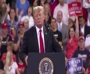 Donald Trump takes aim at protester at a rally in Duluth, Minnesota, saying &#39;he&#39;s going home to his mom.&#39; The president goes on to predict the media will report that there were massive protests at the rally.