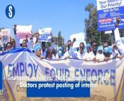 Doctors protested at Afya House on Friday demanding better pay and the posting of interns.Holding up banners and blowing whistles,they shouted &#92;
