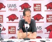 Arkansas Razorbacks coach Eric Musselman obviously relieved after getting 78-75 win over the Georgia Bulldogs on Saturday evening at Bud Walton Arena in Fayetteville, Ark.