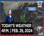 Today&#39;s Weather, 4 P.M. &#124; Feb. 29, 2024&#60;br/&#62;&#60;br/&#62;Video Courtesy of DOST-PAGASA&#60;br/&#62;&#60;br/&#62;Subscribe to The Manila Times Channel - https://tmt.ph/YTSubscribe &#60;br/&#62;&#60;br/&#62;Visit our website at https://www.manilatimes.net &#60;br/&#62;&#60;br/&#62;Follow us: &#60;br/&#62;Facebook - https://tmt.ph/facebook &#60;br/&#62;Instagram - https://tmt.ph/instagram &#60;br/&#62;Twitter - https://tmt.ph/twitter &#60;br/&#62;DailyMotion - https://tmt.ph/dailymotion &#60;br/&#62;&#60;br/&#62;Subscribe to our Digital Edition - https://tmt.ph/digital &#60;br/&#62;&#60;br/&#62;Check out our Podcasts: &#60;br/&#62;Spotify - https://tmt.ph/spotify &#60;br/&#62;Apple Podcasts - https://tmt.ph/applepodcasts &#60;br/&#62;Amazon Music - https://tmt.ph/amazonmusic &#60;br/&#62;Deezer: https://tmt.ph/deezer &#60;br/&#62;Tune In: https://tmt.ph/tunein&#60;br/&#62;&#60;br/&#62;#TheManilaTimes&#60;br/&#62;#WeatherUpdateToday &#60;br/&#62;#WeatherForecast