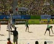 One of the world&#39;s best beach volleyball players gets drilled by a hard spike straight to his face.