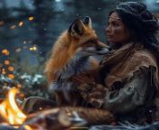 Prompt Midjourney : The character Pocahontas and a red fox sitting hugging in the woods by a fire, the moon and stars twinkling in the night sky, a real photo, taken with a 30mm lens sony fx30 --s 750 --v 6.0