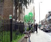 A Banksy tree mural in north London that appeared just a few days ago has been defaced with different coloured paint. Fencing has also been installed around the tree and wall covered in the paint. The anonymous street artist claimed the mural as his own in an Instagram post on Monday. Report by Covellm. Like us on Facebook at http://www.facebook.com/itn and follow us on Twitter at http://twitter.com/itn