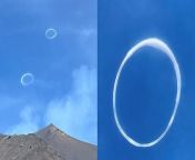 These incredible pictures show Europe&#39;s largest active volcano putting on a rare and spectacular &#39;smoke ring&#39;display.&#60;br/&#62;&#60;br/&#62;Holidaymakers caught the moment Mount Etna in Sicily, Italy blew rare volcanic vortex rings into the sky.&#60;br/&#62;&#60;br/&#62;The phenomenon happens when rings made of vapour are generated by the release of rapid gas and comes after the opening of a new circular crater.&#60;br/&#62;&#60;br/&#62;The circular rings can be seen in the sky above the tourists and volcano at 1pm in the afternoon.&#60;br/&#62;&#60;br/&#62;Juliet and Richard, from London, were holidaying in Sicily with their two young sons when they witnessed the rings on April 5.&#60;br/&#62;&#60;br/&#62;Juliet said: &#92;