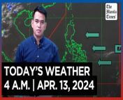 Today&#39;s Weather, 4 A.M. &#124; Apr. 13, 2024&#60;br/&#62;&#60;br/&#62;Video Courtesy of DOST-PAGASA&#60;br/&#62;&#60;br/&#62;Subscribe to The Manila Times Channel - https://tmt.ph/YTSubscribe &#60;br/&#62;&#60;br/&#62;Visit our website at https://www.manilatimes.net &#60;br/&#62;&#60;br/&#62;Follow us: &#60;br/&#62;Facebook - https://tmt.ph/facebook &#60;br/&#62;Instagram - Ahttps://tmt.ph/instagram &#60;br/&#62;Twitter - https://tmt.ph/twitter &#60;br/&#62;DailyMotion - https://tmt.ph/dailymotion &#60;br/&#62;&#60;br/&#62;Subscribe to our Digital Edition - https://tmt.ph/digital &#60;br/&#62;&#60;br/&#62;Check out our Podcasts: &#60;br/&#62;Spotify - https://tmt.ph/spotify &#60;br/&#62;Apple Podcasts - https://tmt.ph/applepodcasts &#60;br/&#62;Amazon Music - https://tmt.ph/amazonmusic &#60;br/&#62;Deezer: https://tmt.ph/deezer &#60;br/&#62;Tune In: https://tmt.ph/tunein&#60;br/&#62;&#60;br/&#62;#TheManilaTimes&#60;br/&#62;#WeatherUpdateToday &#60;br/&#62;#WeatherForecast