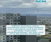 Horrified onlookers spotted two skateboarders practicing tricks on the edge of a 47-storey skyscraper&#39;s roof in Melbourne, where the pair accessed the rooftop of a student housing centre to film their stunts.&#60;br/&#62;