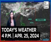 Today&#39;s Weather, 4 P.M. &#124; Apr. 25, 2024&#60;br/&#62;&#60;br/&#62;Video Courtesy of DOST-PAGASA&#60;br/&#62;&#60;br/&#62;Subscribe to The Manila Times Channel - https://tmt.ph/YTSubscribe &#60;br/&#62;&#60;br/&#62;Visit our website at https://www.manilatimes.net &#60;br/&#62;&#60;br/&#62;Follow us: &#60;br/&#62;Facebook - https://tmt.ph/facebook &#60;br/&#62;Instagram - https://tmt.ph/instagram &#60;br/&#62;Twitter - https://tmt.ph/twitter &#60;br/&#62;DailyMotion - https://tmt.ph/dailymotion &#60;br/&#62;&#60;br/&#62;Subscribe to our Digital Edition - https://tmt.ph/digital &#60;br/&#62;&#60;br/&#62;Check out our Podcasts: &#60;br/&#62;Spotify - https://tmt.ph/spotify &#60;br/&#62;Apple Podcasts - https://tmt.ph/applepodcasts &#60;br/&#62;Amazon Music - https://tmt.ph/amazonmusic &#60;br/&#62;Deezer: https://tmt.ph/deezer &#60;br/&#62;Tune In: https://tmt.ph/tunein&#60;br/&#62;&#60;br/&#62;#TheManilaTimes&#60;br/&#62;#WeatherUpdateToday &#60;br/&#62;#WeatherForecast&#60;br/&#62;