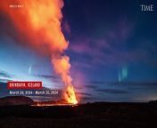 Timelapse video has shown a volcano in the Icelandic town of Grindavik erupting against the backdrop of the Northern Lights.