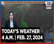 Today&#39;s Weather, 4 A.M. &#124; Feb. 27, 2024&#60;br/&#62;&#60;br/&#62;Video Courtesy of DOST-PAGASA&#60;br/&#62;&#60;br/&#62;Subscribe to The Manila Times Channel - https://tmt.ph/YTSubscribe &#60;br/&#62;&#60;br/&#62;Visit our website at https://www.manilatimes.net &#60;br/&#62;&#60;br/&#62;Follow us: &#60;br/&#62;Facebook - https://tmt.ph/facebook &#60;br/&#62;Instagram - https://tmt.ph/instagram &#60;br/&#62;Twitter - https://tmt.ph/twitter &#60;br/&#62;DailyMotion - https://tmt.ph/dailymotion &#60;br/&#62;&#60;br/&#62;Subscribe to our Digital Edition - https://tmt.ph/digital &#60;br/&#62;&#60;br/&#62;Check out our Podcasts: &#60;br/&#62;Spotify - https://tmt.ph/spotify &#60;br/&#62;Apple Podcasts - https://tmt.ph/applepodcasts &#60;br/&#62;Amazon Music - https://tmt.ph/amazonmusic &#60;br/&#62;Deezer: https://tmt.ph/deezer &#60;br/&#62;Tune In: https://tmt.ph/tunein&#60;br/&#62;&#60;br/&#62;#TheManilaTimes&#60;br/&#62;#WeatherUpdateToday &#60;br/&#62;#WeatherForecast
