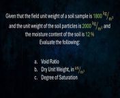Given that the fieldunit weight of a soil sample is 1800kg/m&#3and the unit weight of the soil properties is 2000kg/m&#3and the moisture content of the soil is 12 %&#60;br/&#62;a. Evaluate the Void Ratio &#60;br/&#62;b. Evaluate its dry unit weight&#60;br/&#62;c. Evaluate the degree of saturation&#60;br/&#62;-&#60;br/&#62;kung nagustuhan po ninyo ang video,&#60;br/&#62;or if nakatulong sa inyo itong video na toh..&#60;br/&#62;paki pindutin lang po ang &#92;