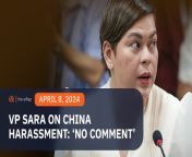 Vice President Sara Duterte says she has ‘no comment’ on the continued Chinese harassment of Filipino vessels in the West Philippine Sea.&#60;br/&#62;&#60;br/&#62;Full story: https://www.rappler.com/philippines/sara-duterte-response-continued-china-bullying-no-comment-april-8-2024/