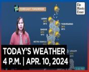 Today&#39;s Weather, 4 P.M. &#124; Apr. 10, 2024&#60;br/&#62;&#60;br/&#62;Video Courtesy of DOST-PAGASA&#60;br/&#62;&#60;br/&#62;Subscribe to The Manila Times Channel - https://tmt.ph/YTSubscribe &#60;br/&#62;&#60;br/&#62;Visit our website at https://www.manilatimes.net &#60;br/&#62;&#60;br/&#62;Follow us: &#60;br/&#62;Facebook - https://tmt.ph/facebook &#60;br/&#62;Instagram - Ahttps://tmt.ph/instagram &#60;br/&#62;Twitter - https://tmt.ph/twitter &#60;br/&#62;DailyMotion - https://tmt.ph/dailymotion &#60;br/&#62;&#60;br/&#62;Subscribe to our Digital Edition - https://tmt.ph/digital &#60;br/&#62;&#60;br/&#62;Check out our Podcasts: &#60;br/&#62;Spotify - https://tmt.ph/spotify &#60;br/&#62;Apple Podcasts - https://tmt.ph/applepodcasts &#60;br/&#62;Amazon Music - https://tmt.ph/amazonmusic &#60;br/&#62;Deezer: https://tmt.ph/deezer &#60;br/&#62;Tune In: https://tmt.ph/tunein&#60;br/&#62;&#60;br/&#62;#TheManilaTimes&#60;br/&#62;#WeatherUpdateToday &#60;br/&#62;#WeatherForecast